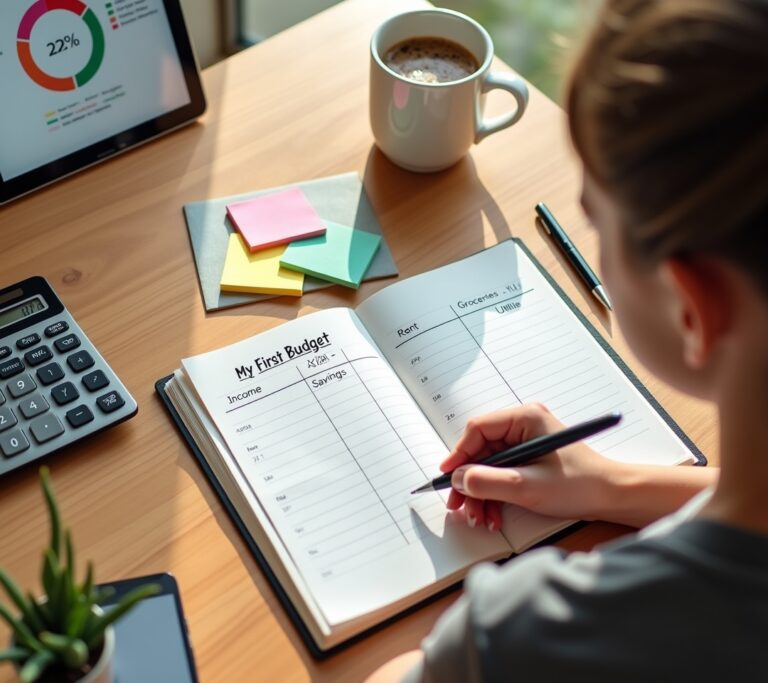 Person writing their first budget at clean desk with notebook
