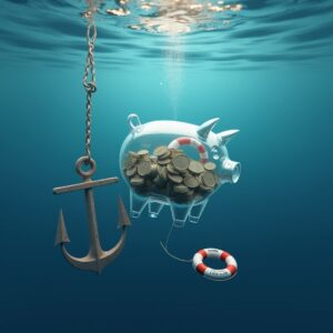 Glass jars labeled with different savings goals filled with coins and bills