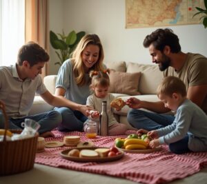 Family of four at table with budget and bills
