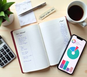 Multiple budget tracking methods displayed on desk