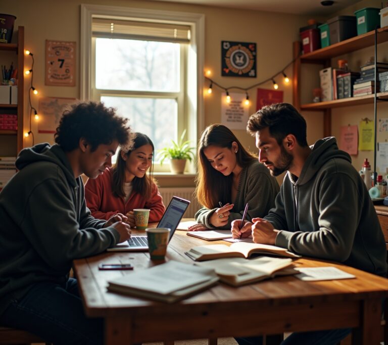 College student budgeting in dorm room with textbooks