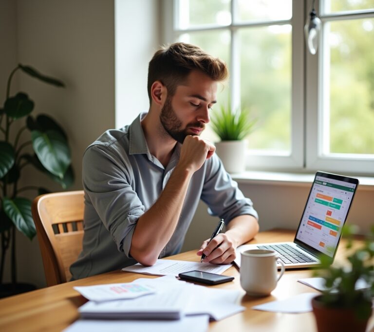 Thirty-something couple budgeting with house and family goals