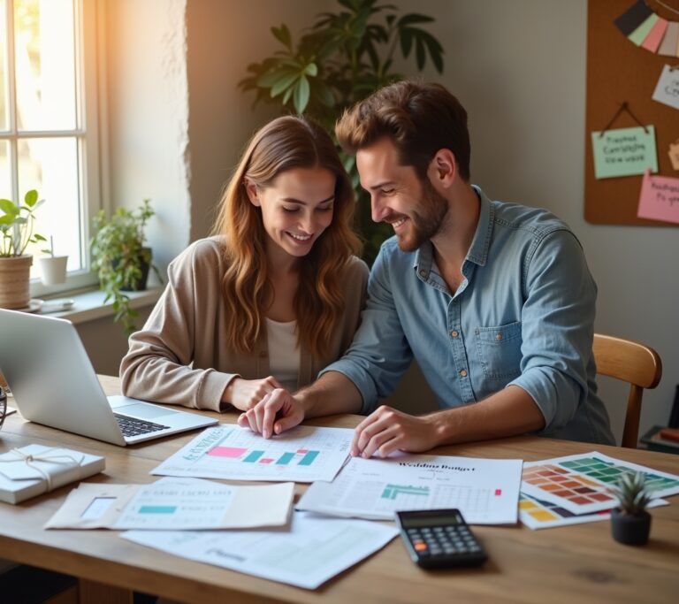 Couple planning wedding budget with venue and vendor costs