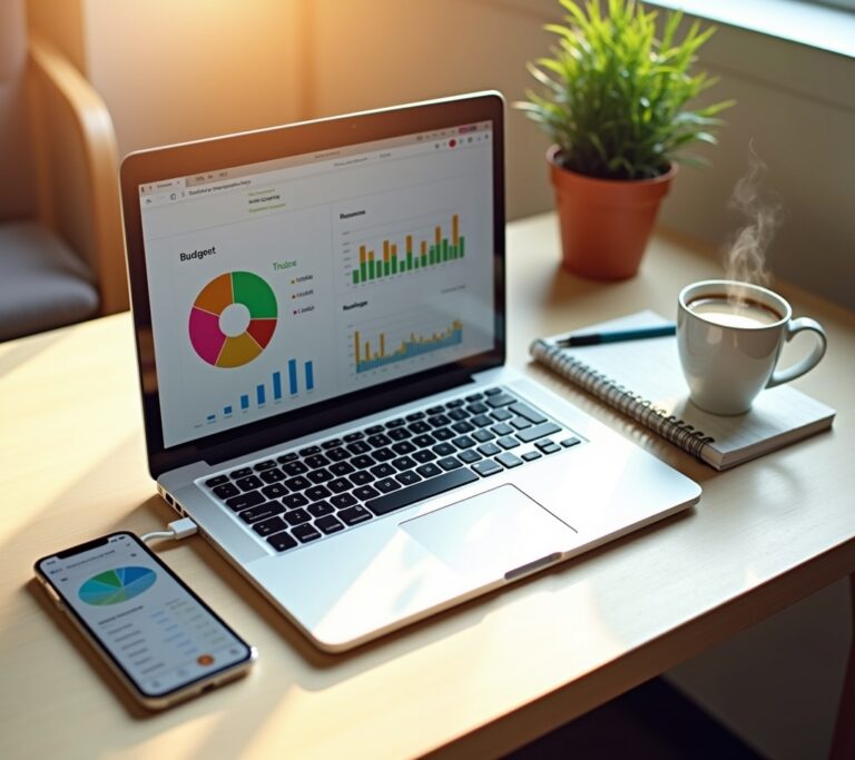 Small business owner using budget software on laptop